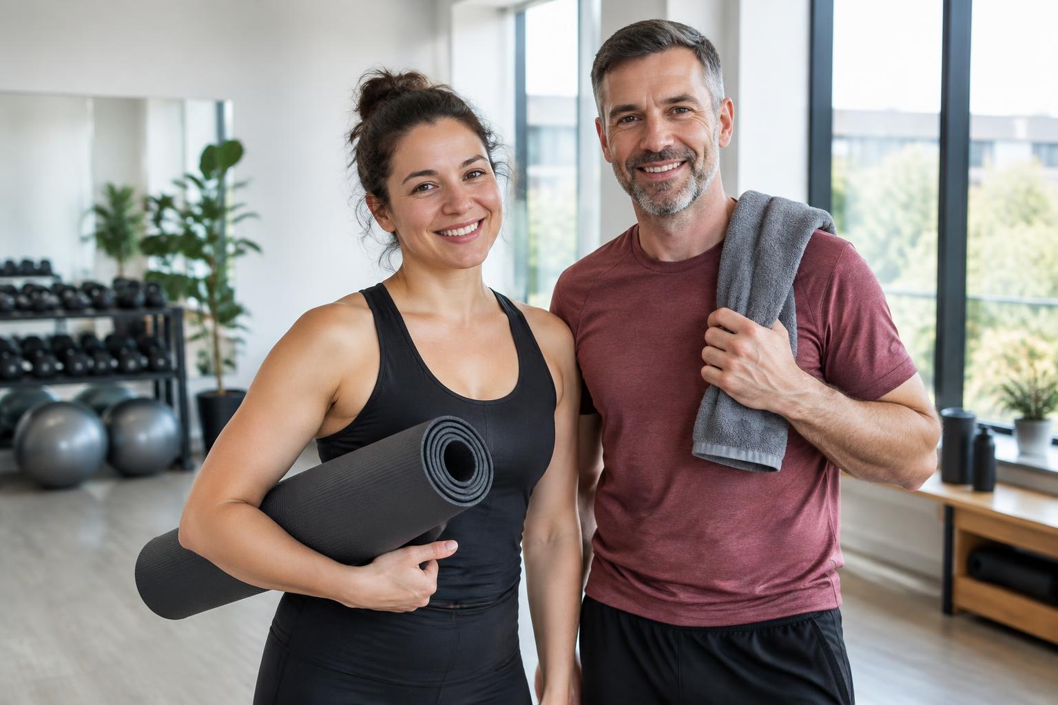 Two adults enjoying a relaxed moment after exercise in a bright fitness studio